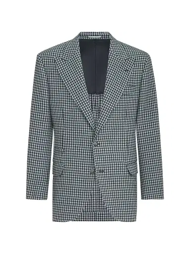 Brunello Cucinelli Men's Cashmere Macro Houndstooth Tailor Blazer with Peak Lapels - Navy Blue - Size 48 | Thumbnail 1 Brunello Cucinelli Men's Cashmere Macro Houndstooth Tailor Blazer with Peak Lapels - Navy Blue - Size 48 | Thumbnail 1