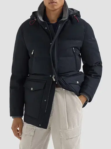 Brunello Cucinelli Men's Bonded Wool Flannel Down Parka Jacket - Blue - Size XXS | Thumbnail 2