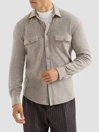 Brunello Cucinelli Men's Virgin Wool, Cashmere and Silk Knit Shirt - Stone Grey | Thumbnail 2