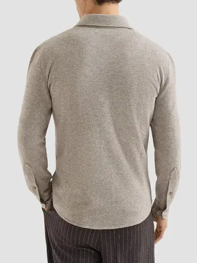 Brunello Cucinelli Men's Virgin Wool, Cashmere and Silk Knit Shirt - Stone Grey | Thumbnail 3