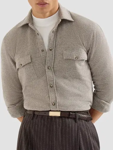 Brunello Cucinelli Men's Virgin Wool, Cashmere and Silk Knit Shirt - Stone Grey | Thumbnail 4