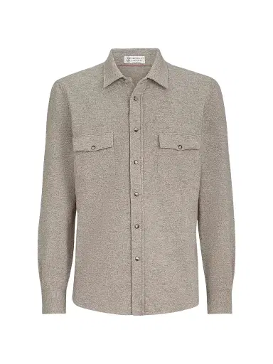 Brunello Cucinelli Men's Virgin Wool, Cashmere and Silk Knit Shirt - Stone Grey | Thumbnail 1