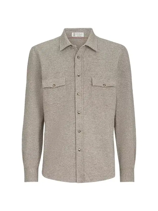 Men's Virgin Wool, Cashmere and Silk Knit Shirt - Stone Grey