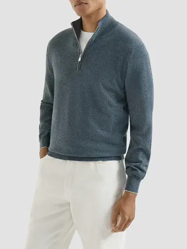 Brunello Cucinelli Men's Cashmere Sweater with Half Zip - Cerulean - Size 52 | Thumbnail 2