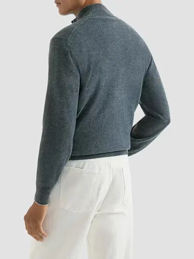 Brunello Cucinelli Men's Cashmere Sweater with Half Zip - Cerulean - Size 52 | Thumbnail 3