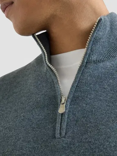 Brunello Cucinelli Men's Cashmere Sweater with Half Zip - Cerulean - Size 52 | Thumbnail 4