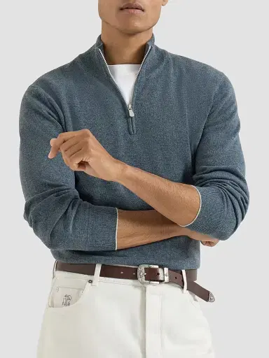 Brunello Cucinelli Men's Cashmere Sweater with Half Zip - Cerulean - Size 52 | Thumbnail 5