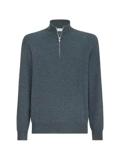 Brunello Cucinelli Men's Cashmere Sweater with Half Zip - Cerulean - Size 52 | Thumbnail 1