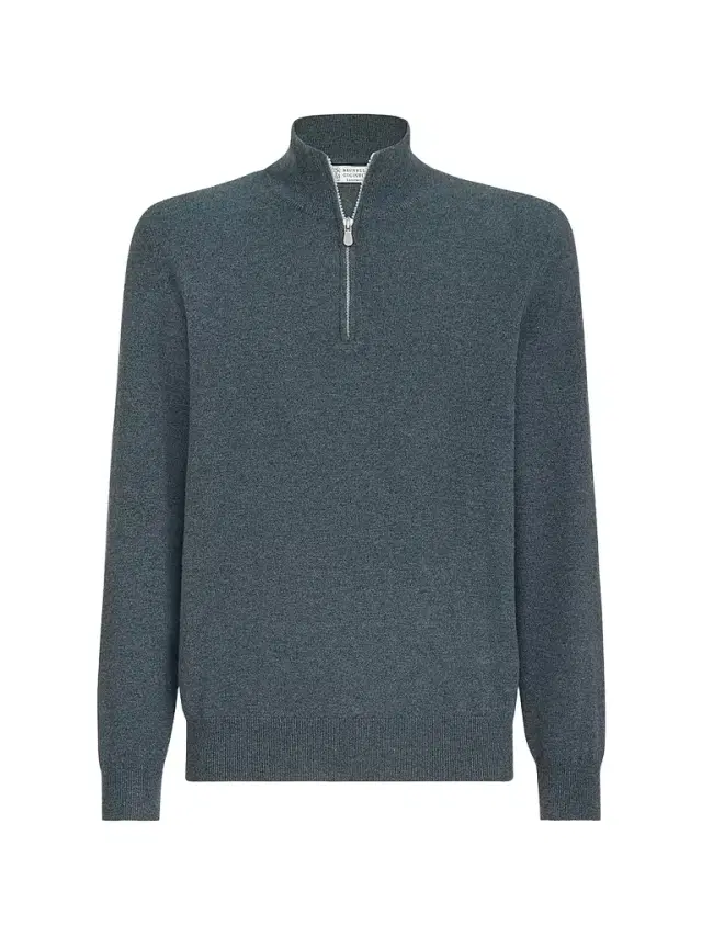 Men's Cashmere Sweater with Half Zip - Cerulean