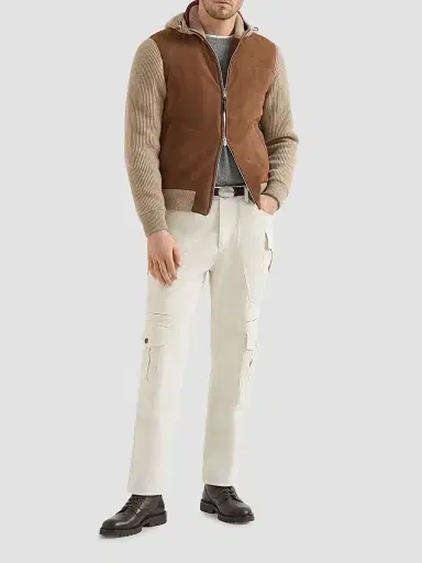Brunello Cucinelli Men's Suede and Cashmere Knit Hooded Bomber Jacket - Brown - Size XXL | Thumbnail 2