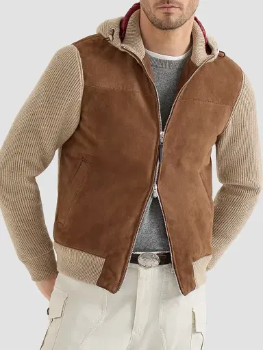 Brunello Cucinelli Men's Suede and Cashmere Knit Hooded Bomber Jacket - Brown - Size XXL | Thumbnail 3