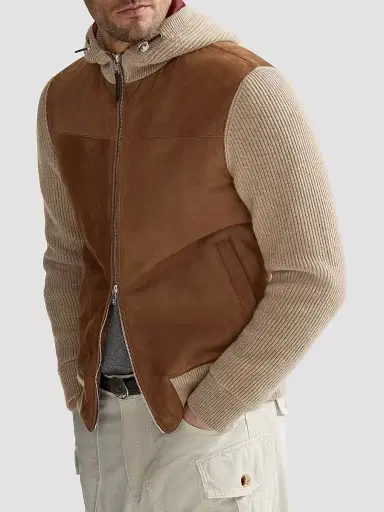 Brunello Cucinelli Men's Suede and Cashmere Knit Hooded Bomber Jacket - Brown - Size XXL | Thumbnail 4