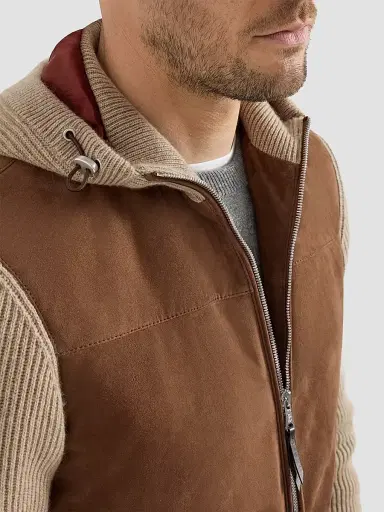 Brunello Cucinelli Men's Suede and Cashmere Knit Hooded Bomber Jacket - Brown - Size XXL | Thumbnail 6