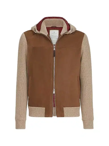 Brunello Cucinelli Men's Suede and Cashmere Knit Hooded Bomber Jacket - Brown - Size XXL | Thumbnail 1