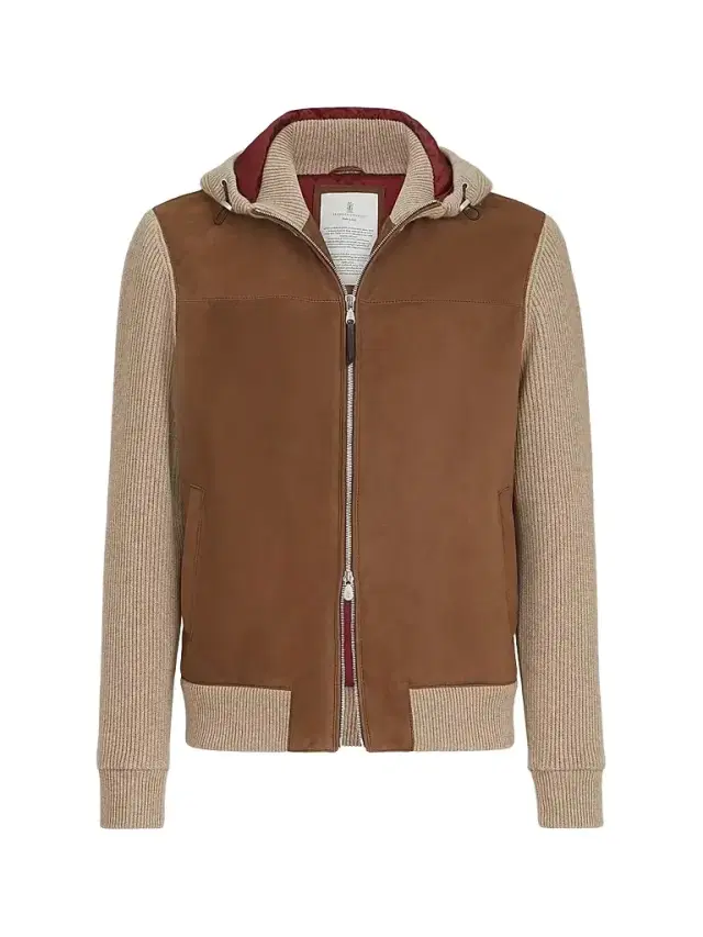 Brunello Cucinelli Men's Suede and Cashmere Knit Hooded Bomber Jacket - Brown