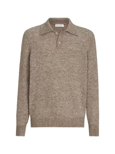 Brunello Cucinelli Men's Alpaca, Cashmere and Wool Knit Polo Shirt - Medium Grey - Size 40 | Thumbnail 1
