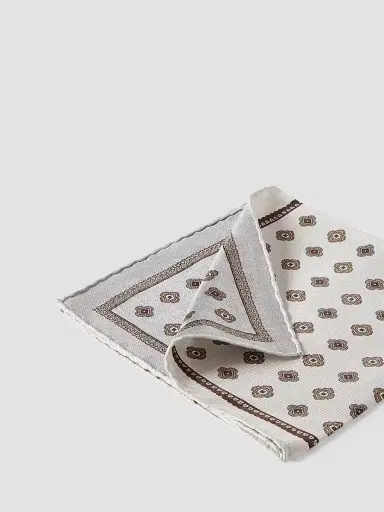Brunello Cucinelli Men's Silk Pocket Square with Medallion Design - Beige | Thumbnail 2 Brunello Cucinelli Men's Silk Pocket Square with Medallion Design - Beige | Thumbnail 2