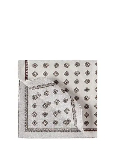 Brunello Cucinelli Men's Silk Pocket Square with Medallion Design - Beige | Thumbnail 1 Brunello Cucinelli Men's Silk Pocket Square with Medallion Design - Beige | Thumbnail 1