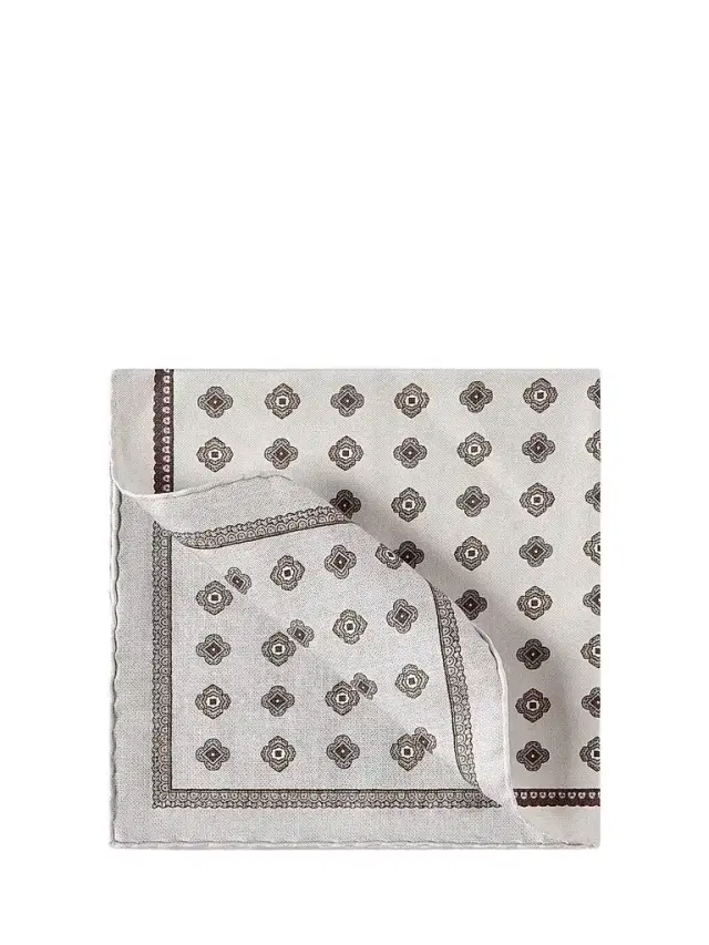 Brunello Cucinelli Men's Silk Pocket Square with Medallion Design - Beige