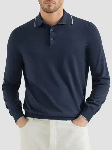 Brunello Cucinelli Men's Sea Island Cotton and Cashmere Lightweight Knit Polo Shirt - Avio Blue - Size 48 | Thumbnail 2 Brunello Cucinelli Men's Sea Island Cotton and Cashmere Lightweight Knit Polo Shirt - Avio Blue - Size 48 | Thumbnail 2