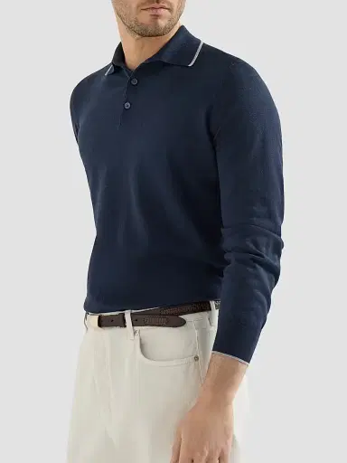 Brunello Cucinelli Men's Sea Island Cotton and Cashmere Lightweight Knit Polo Shirt - Avio Blue - Size 48 | Thumbnail 4 Brunello Cucinelli Men's Sea Island Cotton and Cashmere Lightweight Knit Polo Shirt - Avio Blue - Size 48 | Thumbnail 4