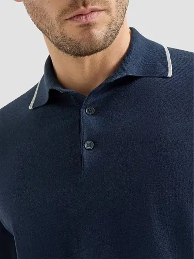 Brunello Cucinelli Men's Sea Island Cotton and Cashmere Lightweight Knit Polo Shirt - Avio Blue - Size 48 | Thumbnail 5 Brunello Cucinelli Men's Sea Island Cotton and Cashmere Lightweight Knit Polo Shirt - Avio Blue - Size 48 | Thumbnail 5
