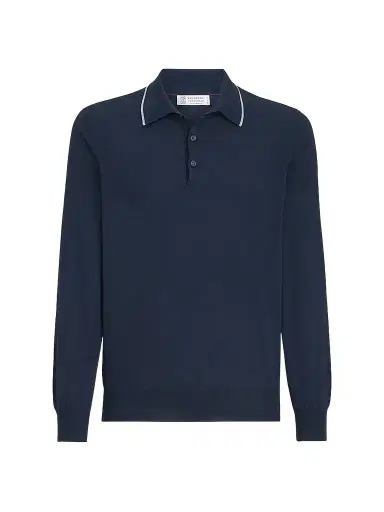 Brunello Cucinelli Men's Sea Island Cotton and Cashmere Lightweight Knit Polo Shirt - Avio Blue - Size 48 | Thumbnail 1 Brunello Cucinelli Men's Sea Island Cotton and Cashmere Lightweight Knit Polo Shirt - Avio Blue - Size 48 | Thumbnail 1