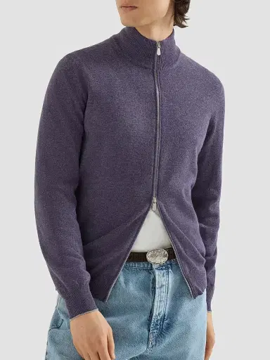 Brunello Cucinelli Men's Cashmere High-Neck Cardigan with Zipper - Purple | Thumbnail 5 Brunello Cucinelli Men's Cashmere High-Neck Cardigan with Zipper - Purple | Thumbnail 5