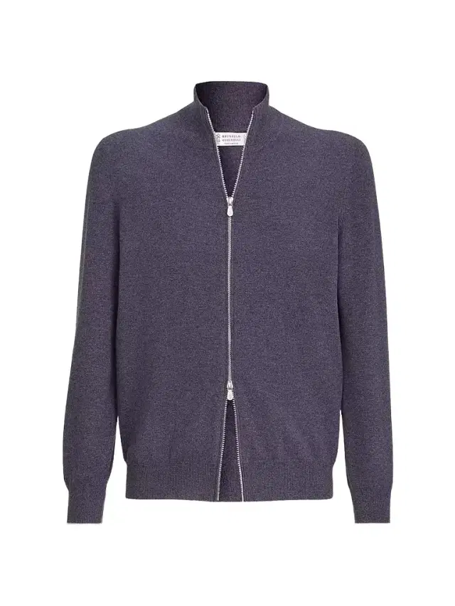 Men's Cashmere High-Neck Cardigan with Zipper - Purple
