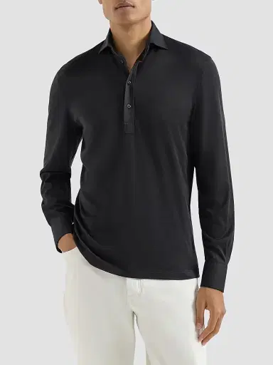 Brunello Cucinelli Men's Silk and Cotton Lightweight Jersey Long Sleeve Polo Shirt - Navy Blue - Size XXXXL | Thumbnail 3