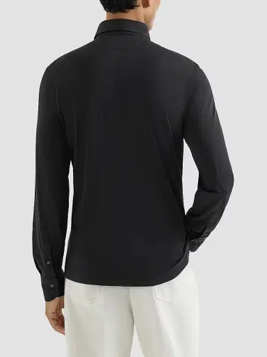 Brunello Cucinelli Men's Silk and Cotton Lightweight Jersey Long Sleeve Polo Shirt - Navy Blue - Size XXXXL | Thumbnail 4