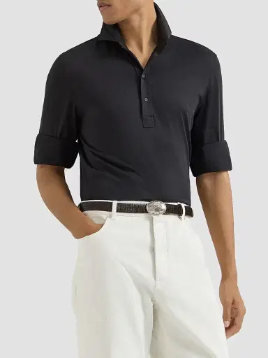 Brunello Cucinelli Men's Silk and Cotton Lightweight Jersey Long Sleeve Polo Shirt - Navy Blue - Size XXXXL | Thumbnail 5