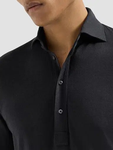Brunello Cucinelli Men's Silk and Cotton Lightweight Jersey Long Sleeve Polo Shirt - Navy Blue - Size XXXXL | Thumbnail 6