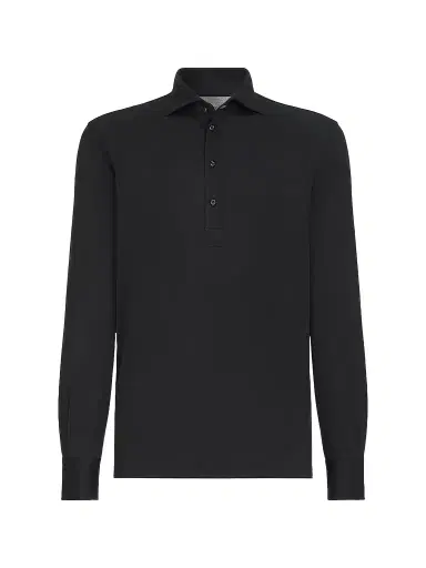 Brunello Cucinelli Men's Silk and Cotton Lightweight Jersey Long Sleeve Polo Shirt - Navy Blue - Size XXXXL | Thumbnail 1