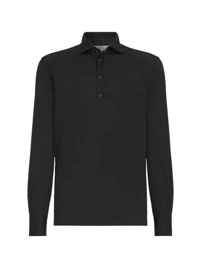 Brunello Cucinelli Men's Silk and Cotton Lightweight Jersey Long Sleeve Polo Shirt - Navy Blue