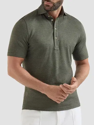 Brunello Cucinelli Men's Virgin Wool, Silk and Cotton Piqué Polo Shirt - Military - Size XXS | Thumbnail 2