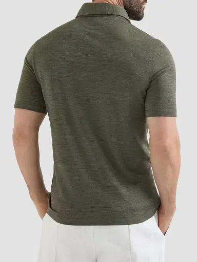 Brunello Cucinelli Men's Virgin Wool, Silk and Cotton Piqué Polo Shirt - Military - Size XXS | Thumbnail 3