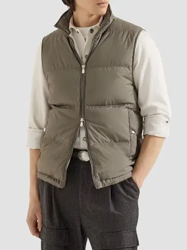 Brunello Cucinelli Men's Lightweight Techno Fabric Down Vest with Packable Hood - Military - Size XXXXL | Thumbnail 2 Brunello Cucinelli Men's Lightweight Techno Fabric Down Vest with Packable Hood - Military - Size XXXXL | Thumbnail 2