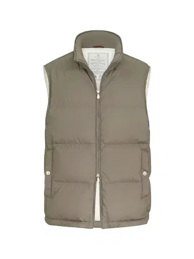Brunello Cucinelli Men's Lightweight Techno Fabric Down Vest with Packable Hood - Military - Size XXXXL | Thumbnail 1 Brunello Cucinelli Men's Lightweight Techno Fabric Down Vest with Packable Hood - Military - Size XXXXL | Thumbnail 1