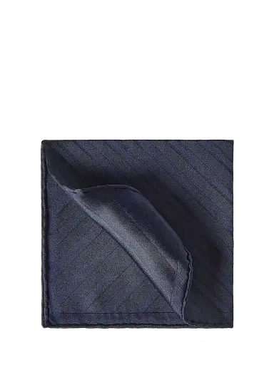 Brunello Cucinelli Men's Regimental Stripe Silk Pocket Square - Navy Blue | Thumbnail 1 Brunello Cucinelli Men's Regimental Stripe Silk Pocket Square - Navy Blue | Thumbnail 1
