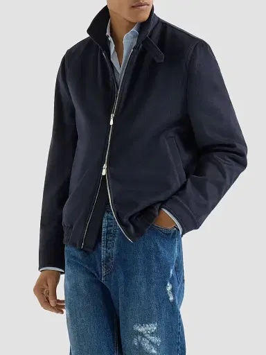 Brunello Cucinelli Men's Virgin Wool Beaver Cloth Bomber Jacket with Zipper - Navy Blue - Size 50 | Thumbnail 2 Brunello Cucinelli Men's Virgin Wool Beaver Cloth Bomber Jacket with Zipper - Navy Blue - Size 50 | Thumbnail 2