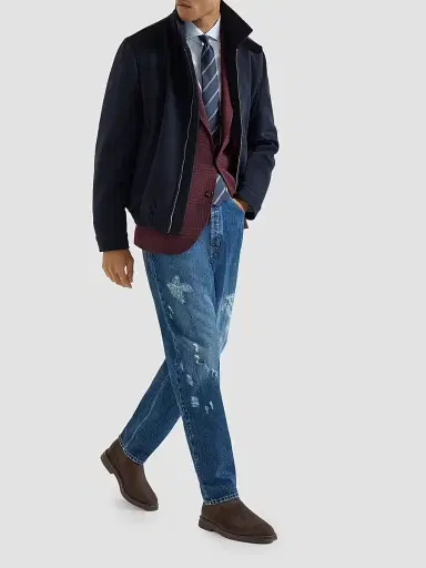 Brunello Cucinelli Men's Virgin Wool Beaver Cloth Bomber Jacket with Zipper - Navy Blue - Size 50 | Thumbnail 6 Brunello Cucinelli Men's Virgin Wool Beaver Cloth Bomber Jacket with Zipper - Navy Blue - Size 50 | Thumbnail 6