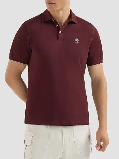 Brunello Cucinelli Men's Cotton Piqué Polo Shirt with Logo - Burgundy - Size Medium | Thumbnail 3