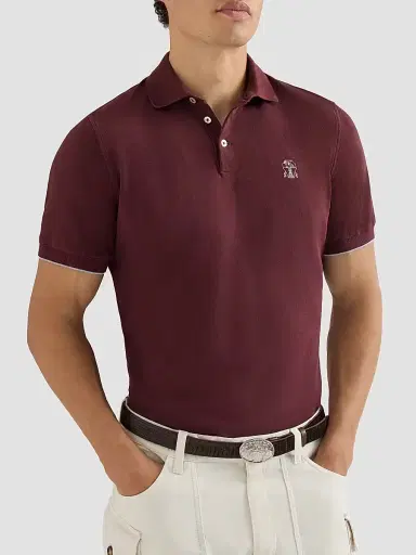 Brunello Cucinelli Men's Cotton Piqué Polo Shirt with Logo - Burgundy - Size Medium | Thumbnail 5