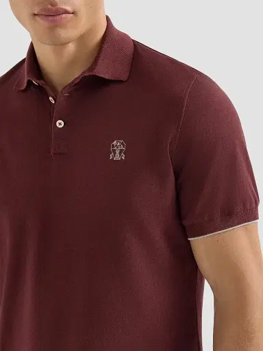 Brunello Cucinelli Men's Cotton Piqué Polo Shirt with Logo - Burgundy - Size Medium | Thumbnail 6