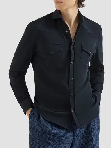 Brunello Cucinelli Men's Cotton Piqué Western Shirt | Thumbnail 3 Brunello Cucinelli Men's Cotton Piqué Western Shirt | Thumbnail 3