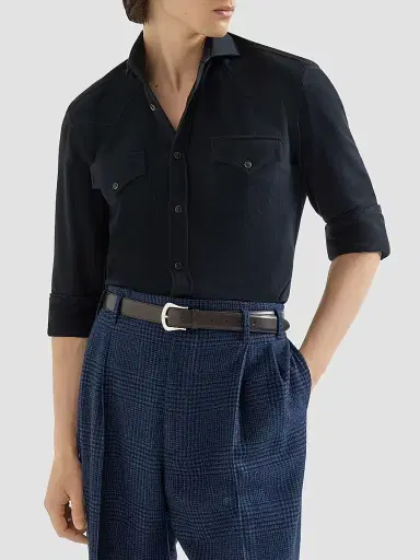 Brunello Cucinelli Men's Cotton Piqué Western Shirt | Thumbnail 4 Brunello Cucinelli Men's Cotton Piqué Western Shirt | Thumbnail 4