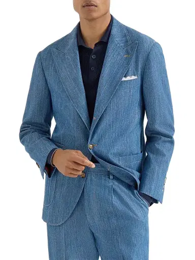 Brunello Cucinelli Men's Lightweight Denim Deconstructed Peak-Lapel Blazer - Medium Denim | Thumbnail 1