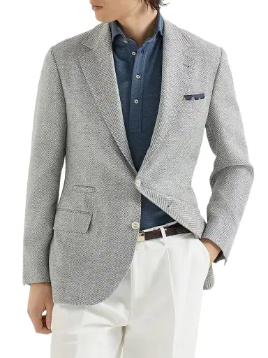 Brunello Cucinelli Men's Wool, Alpaca and Silk Chevron Deconstructed Blazer - Cerulean - Size 48 | Thumbnail 1 Brunello Cucinelli Men's Wool, Alpaca and Silk Chevron Deconstructed Blazer - Cerulean - Size 48 | Thumbnail 1