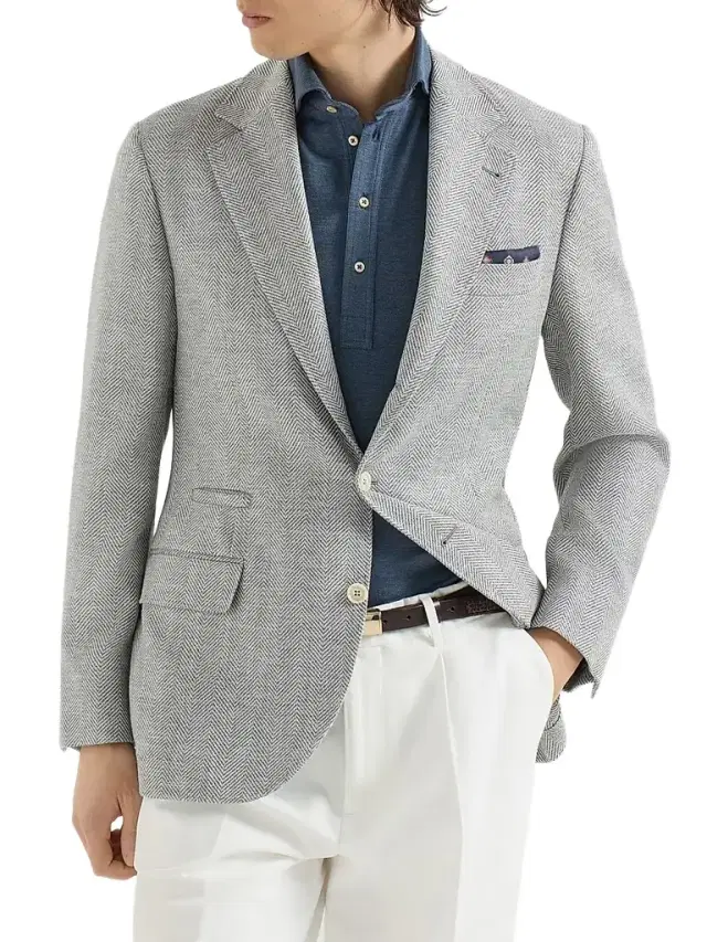Brunello Cucinelli Men's Wool, Alpaca and Silk Chevron Deconstructed Blazer - Cerulean